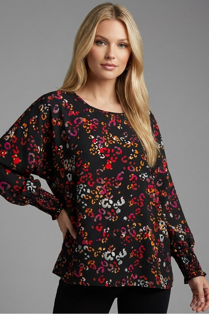 5362 Vibrant Abstract Leopard Smocked Cuff Blouse