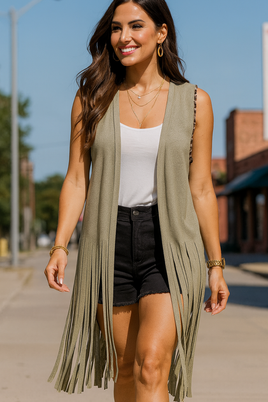 5480S Olive Green Boho Fringe Vest