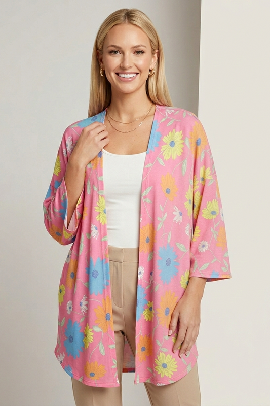 5723 Pink Floral Open Front Cardigan