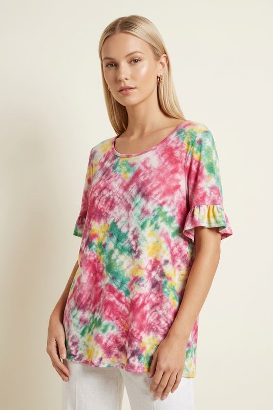 740 Vibrant Tie-Dye Ruffle Sleeve Blouse