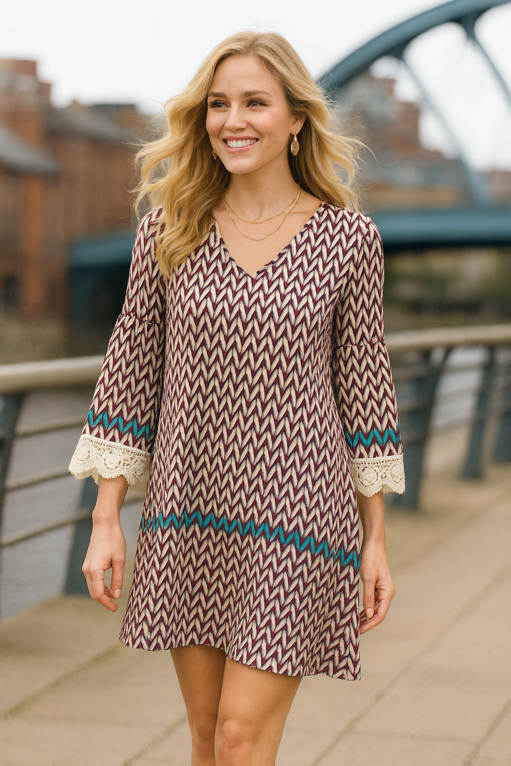 4399 Chevron Boho with Lace Trim Dress