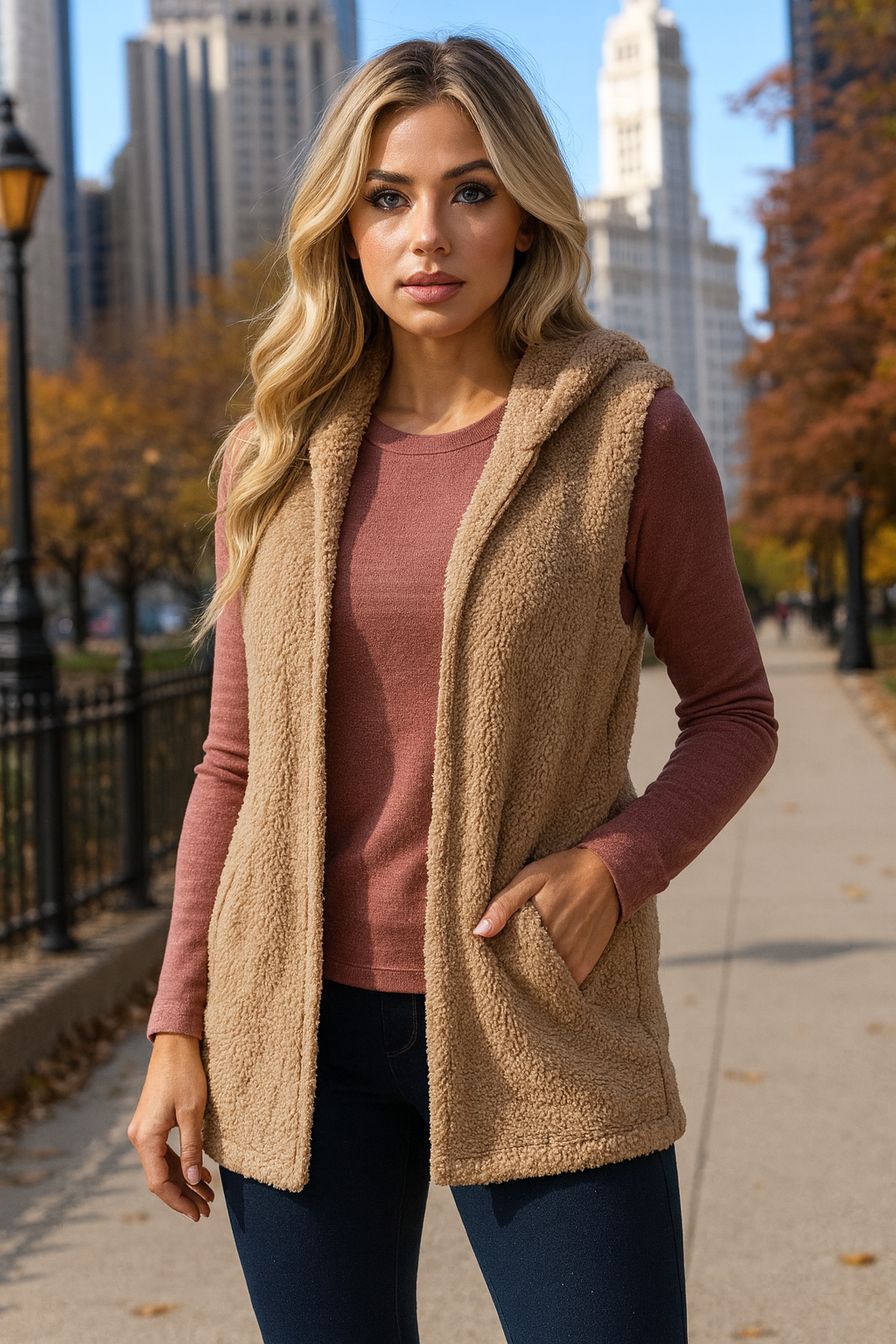 90043 Warm Taupe Hooded Sherpa Vest