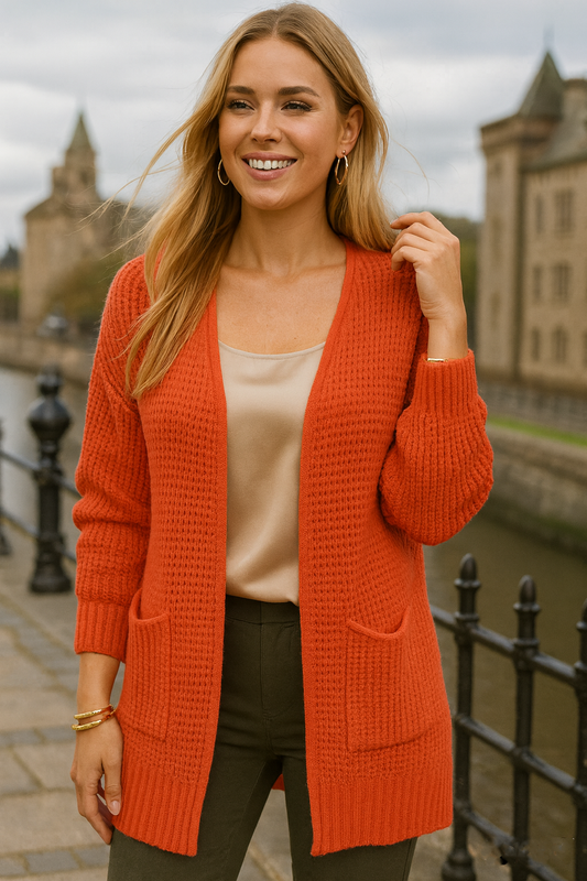 2734 Sunset Orange Waffle Knit Pocket Cardigan