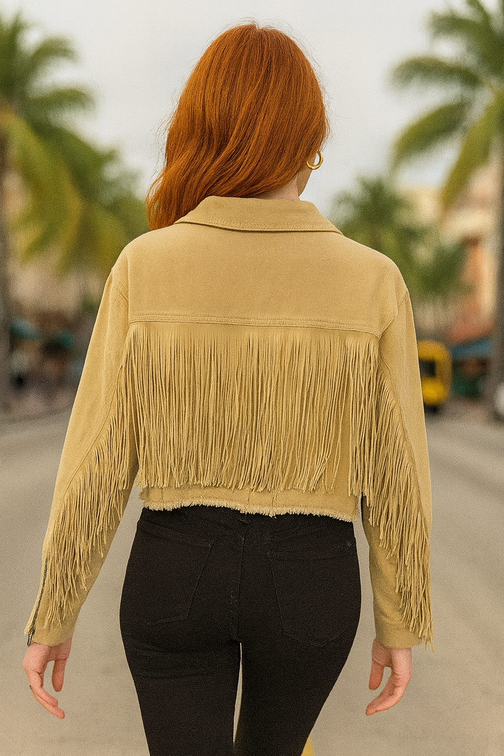 7156  Tan Desert Cropped Fringe Denim Jacket