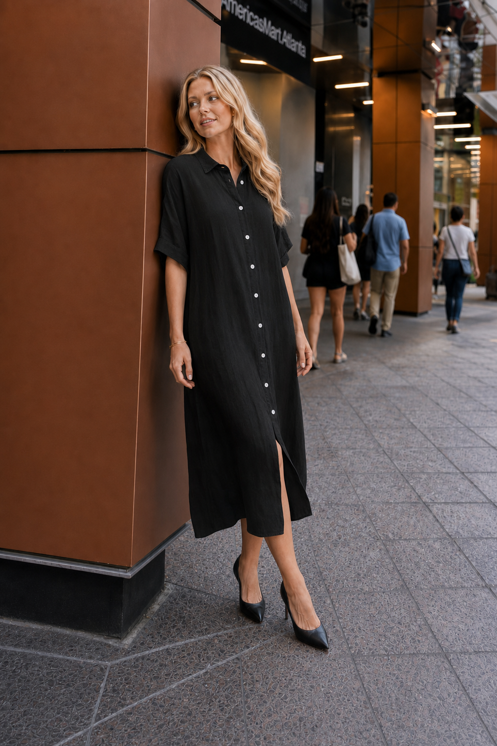 Style 047 Black Linen Button Down Midi Dress