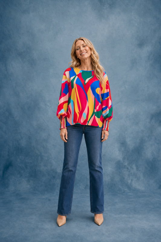 Style 2597 Abstract Print Puff Sleeve Top