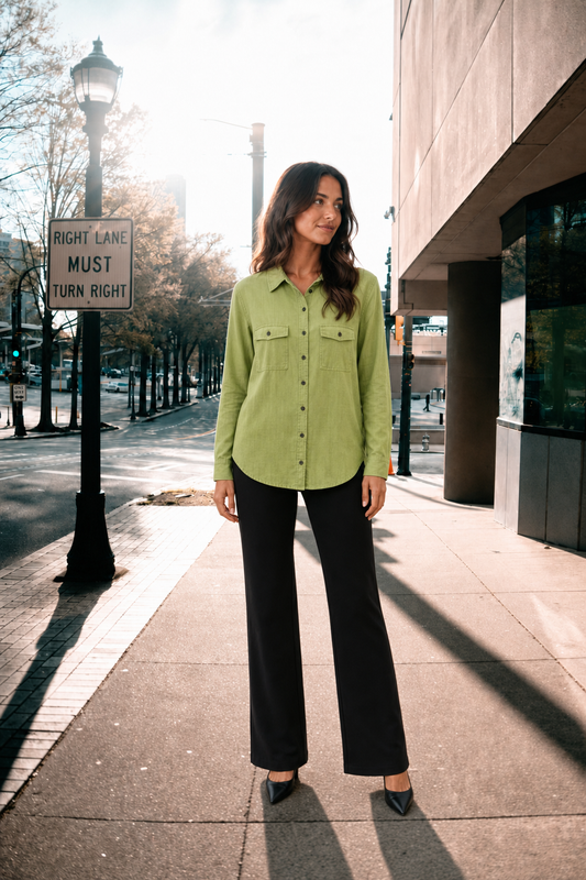 2354TY Lime Green Long Sleeve Button-Down Pocket Blouse