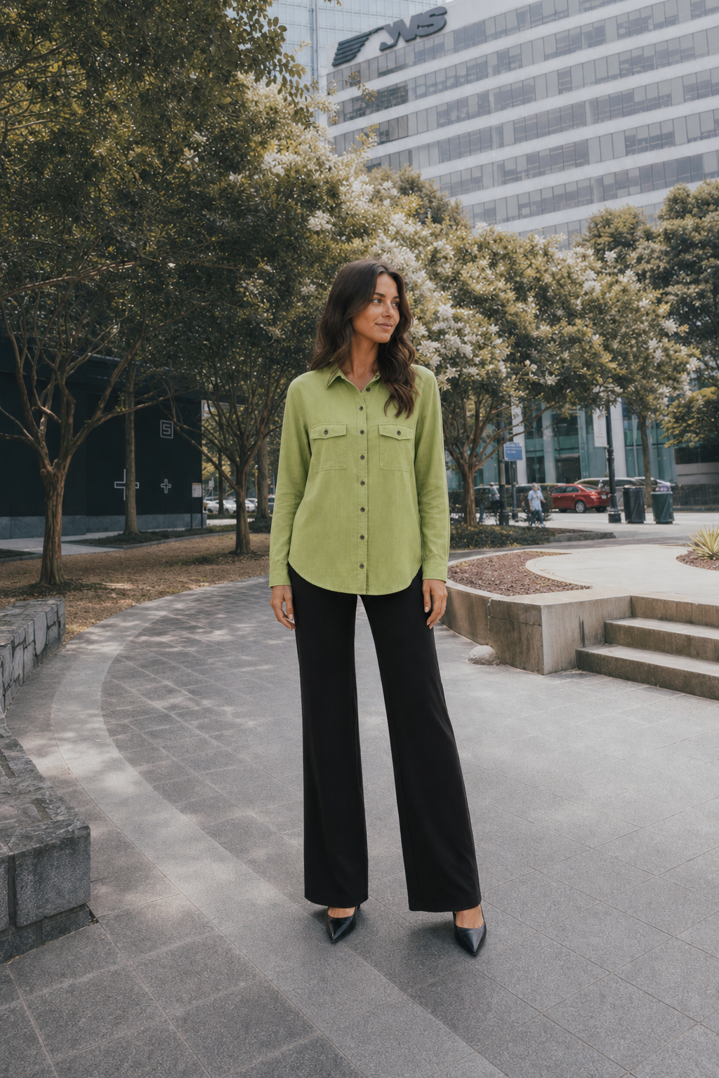2354TY Lime Green Long Sleeve Button-Down Pocket Blouse