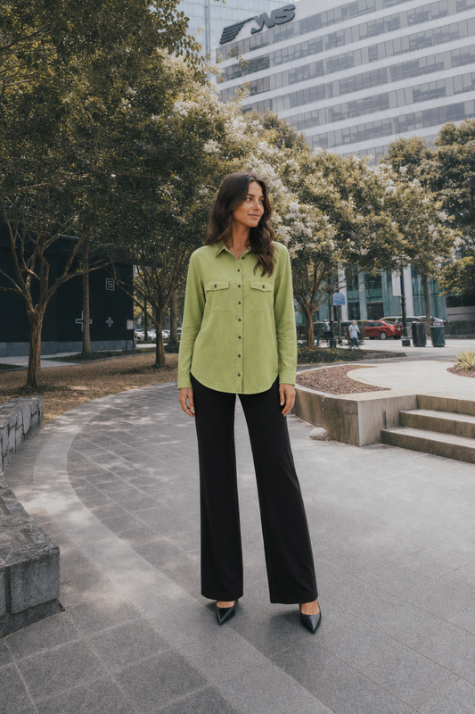2354TY Lime Green Long Sleeve Button-Down Pocket Blouse
