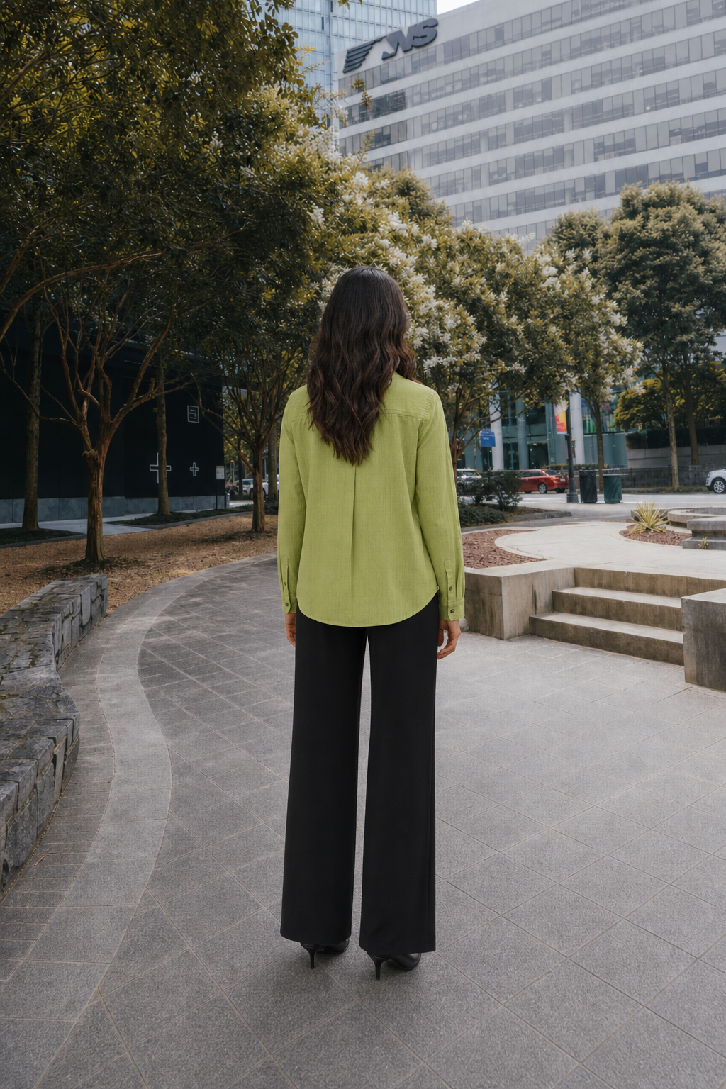 2354TY Lime Green Long Sleeve Button-Down Pocket Blouse