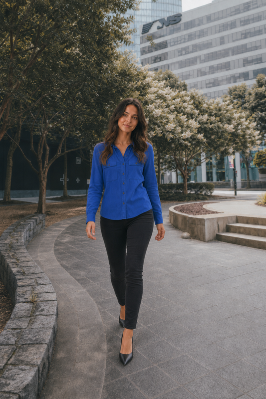 2354TY Dark Blue Dual Pocket Button-Down Blouse