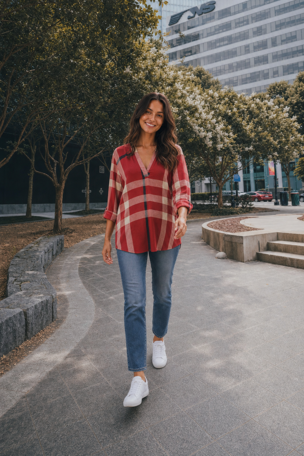 B3288 Plaid V-Neck Long Sleeve Top