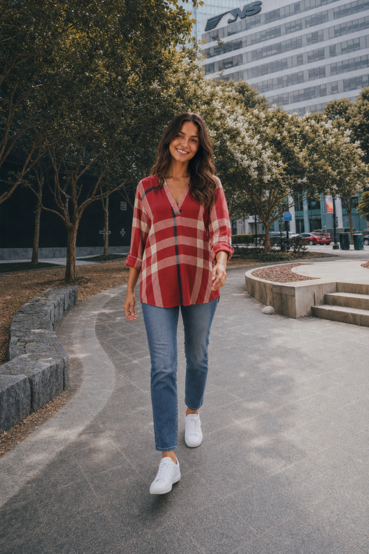 B3288 Plaid V-Neck Long Sleeve Top