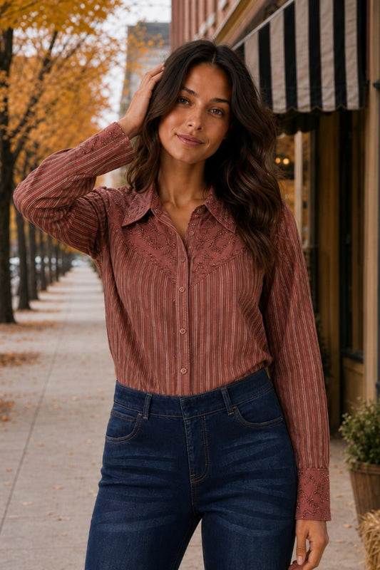 7475D Sequin Embroidered Western Stripe Blouse