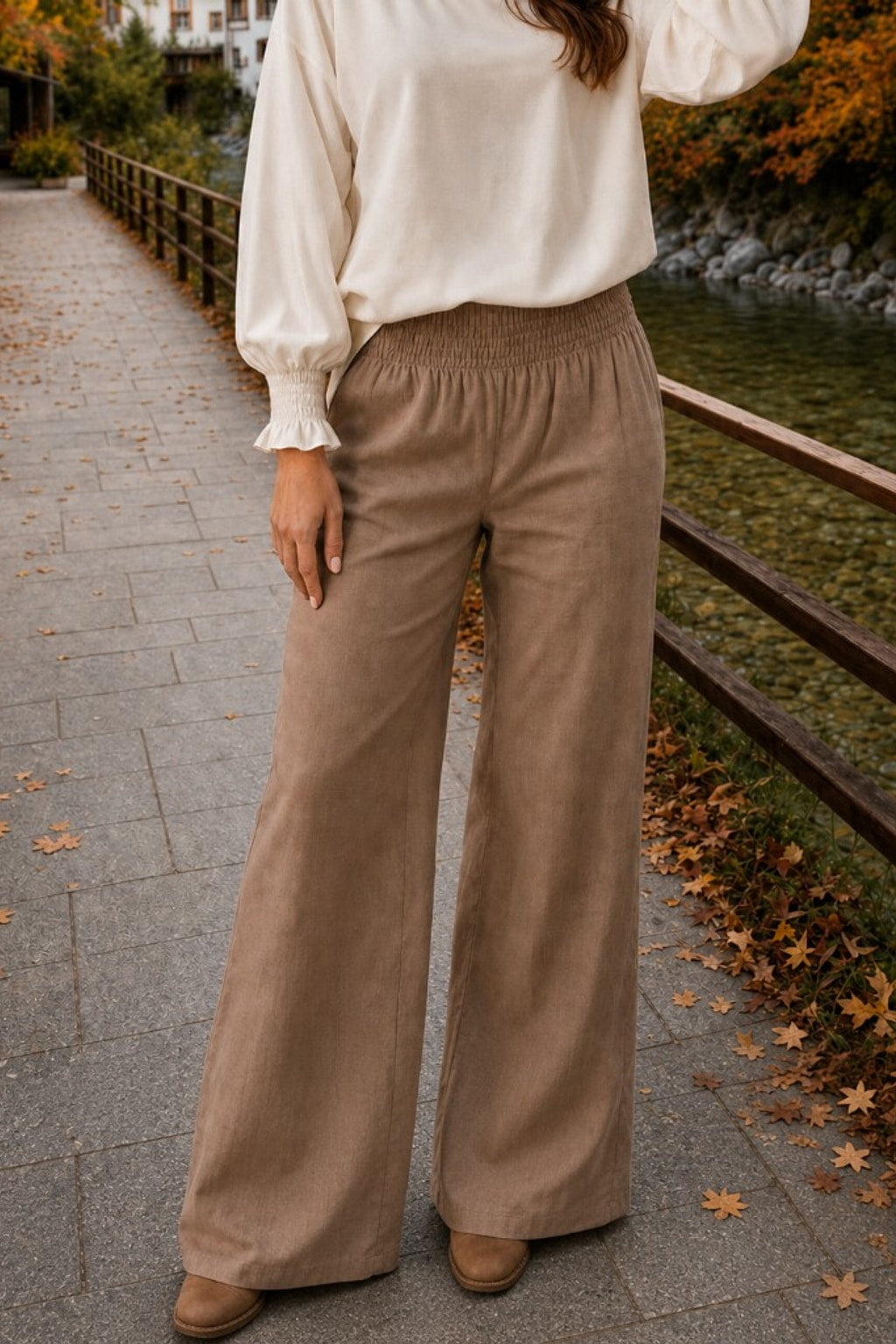 Style 6811 Taupe Linen Smocked Waist Pants