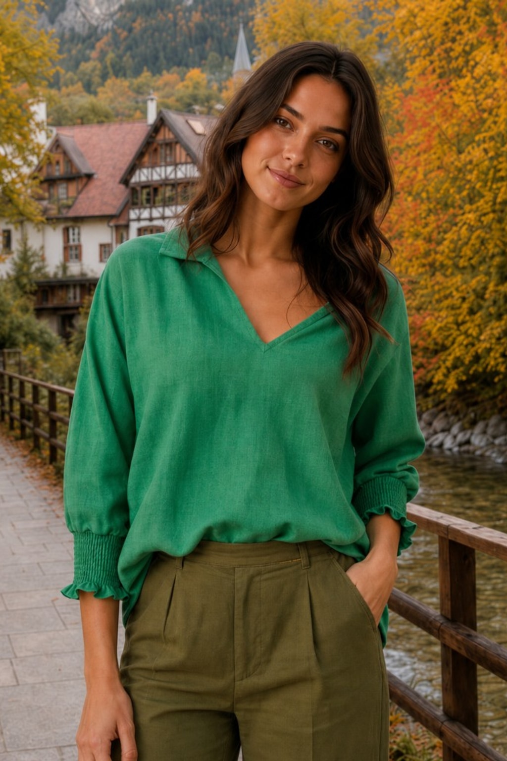 5820CC Kelly Green Smocked Sleeve Blouse