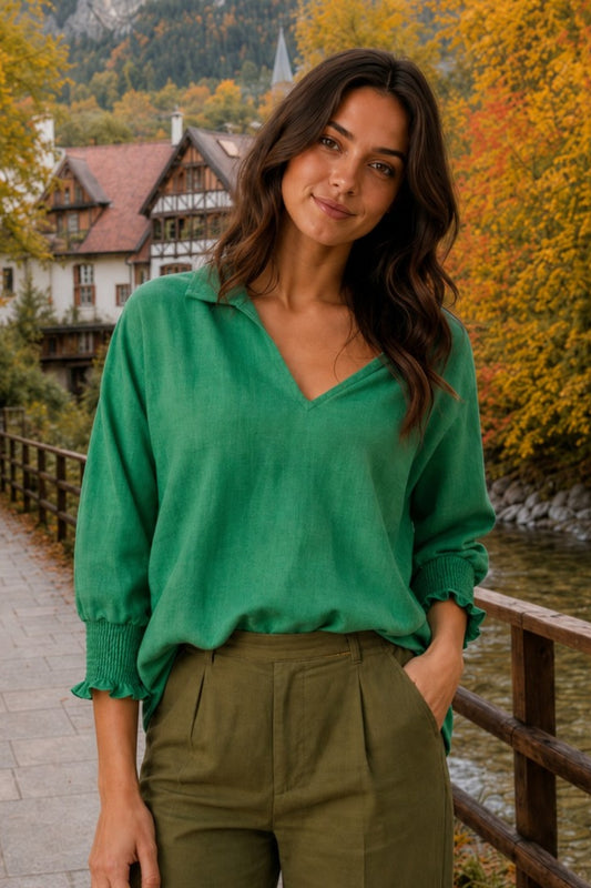 5820CC Kelly Green Smocked Sleeve Blouse