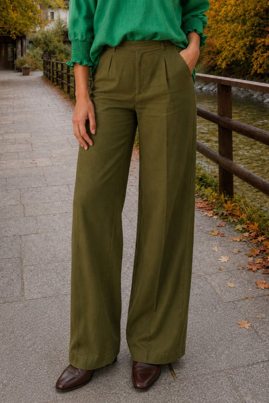 Style 6881 Olive Linen / Viscose Front Creased Pants