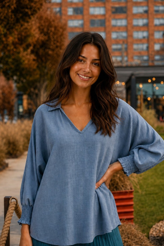 5820CC Misty Blue Smocked Sleeve Blouse