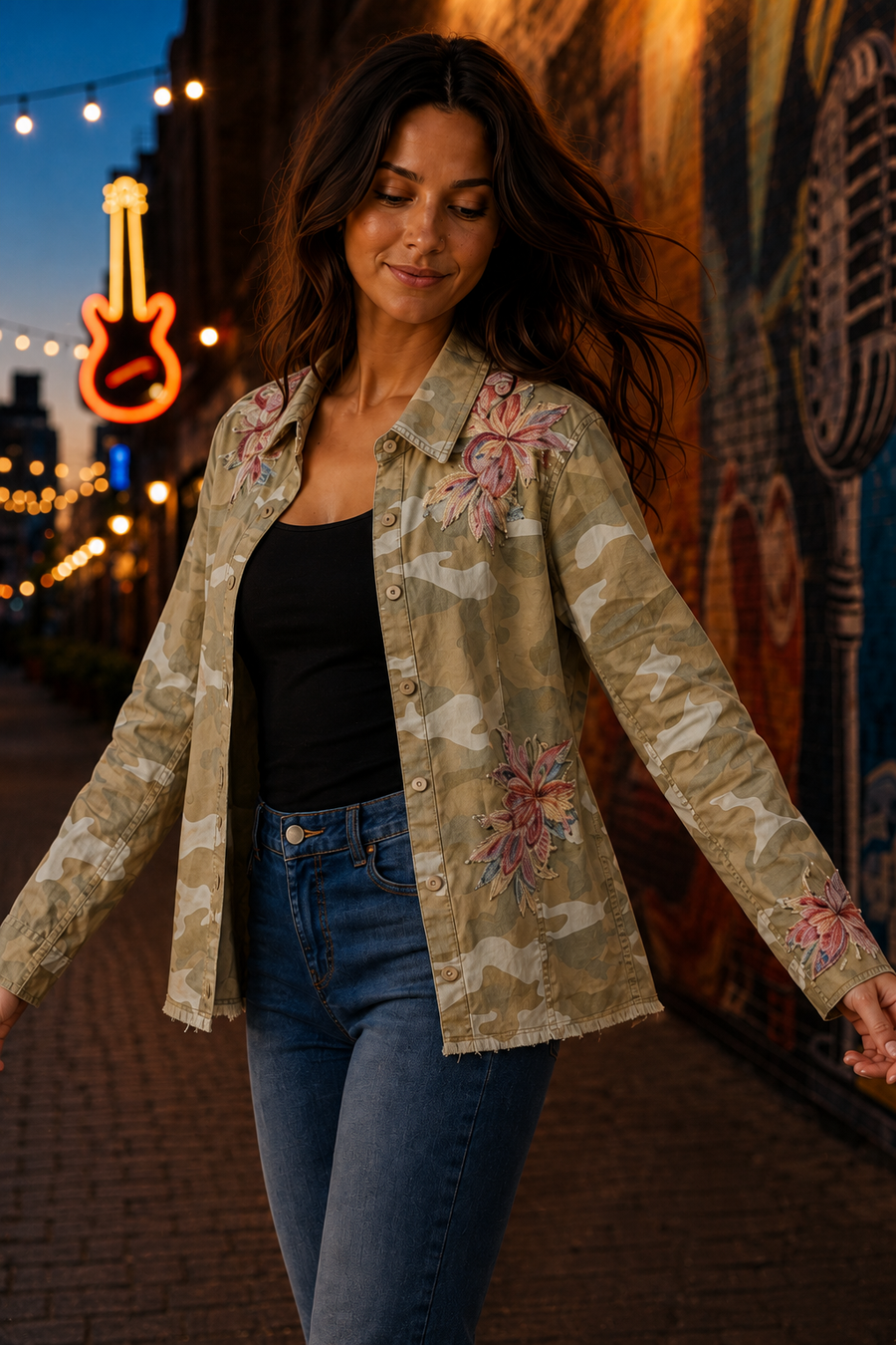 36501 Camo Rebel Floral Embroidered Top