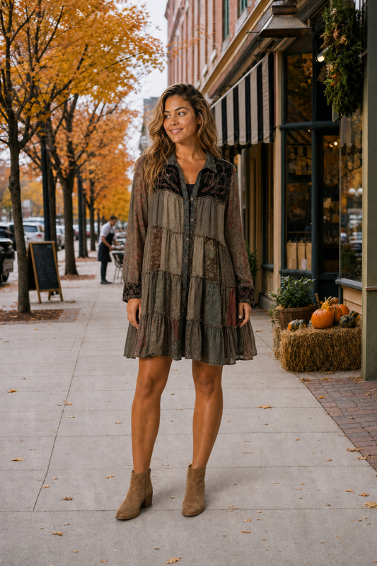 44682 Boho Patchwork Tiered Tunic Dress