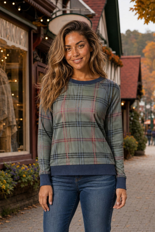 01 Sage Plaid Denim Trim Top
