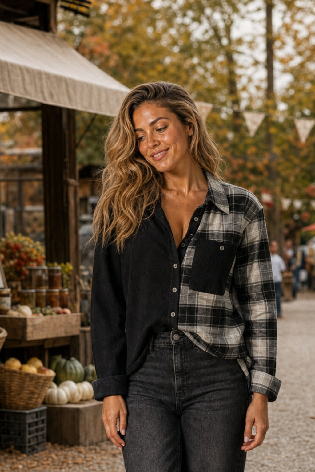 10281 Black Plaid Split Button-Up Top