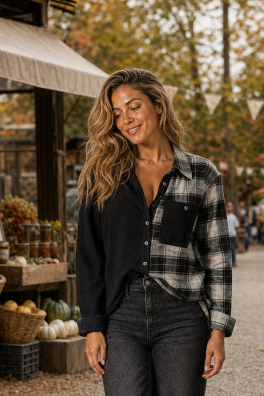 10281 Black Plaid Split Button-Up Top