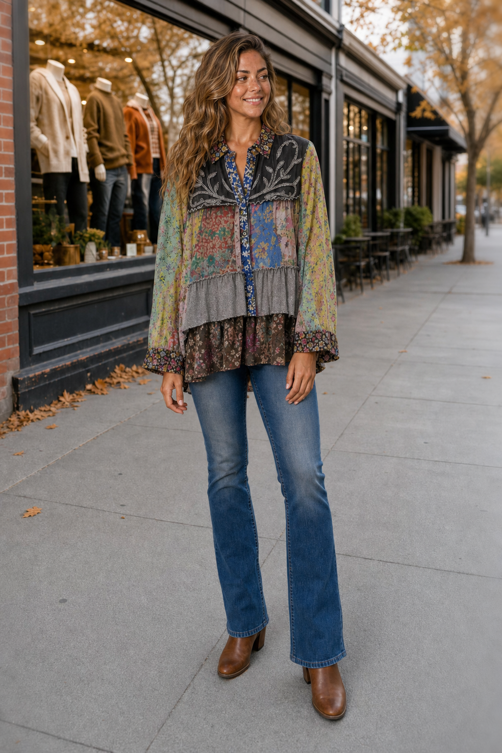 45325 Slate Floral Patchwork Embroidered Tunic Top