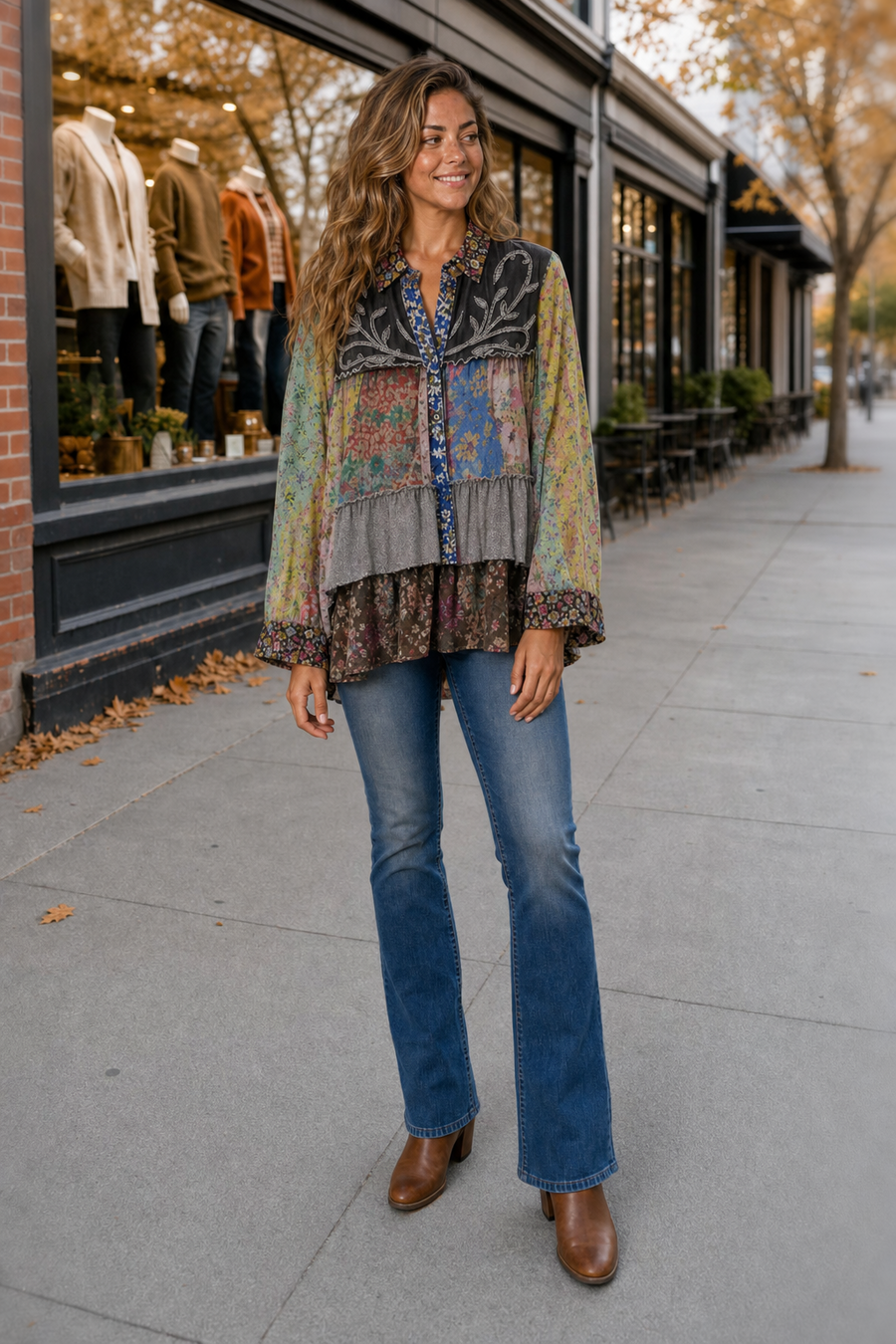 45325 Slate Floral Patchwork Embroidered Tunic Top
