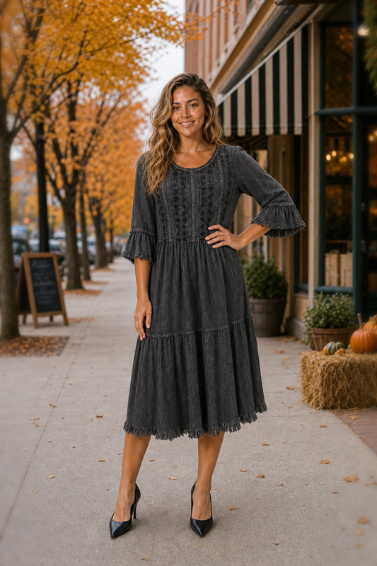 23678 Embroidered Ruffle-Sleeve Tiered Midi Dress