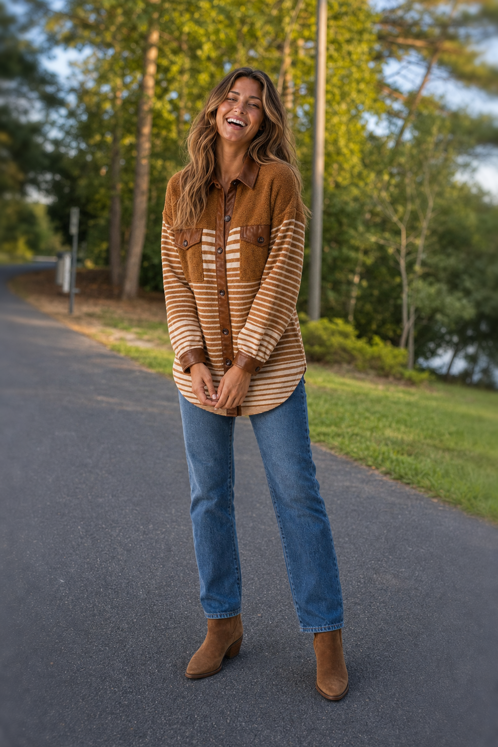 388 Brown & Cream Stripes Shacket