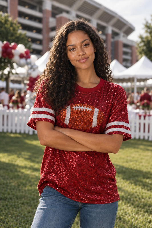 3604 Crimson Sparkle Touchdown Sequin Tee