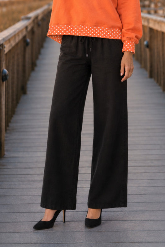 6978 Black Wide-Leg Drawstring Linen Pants with pockets