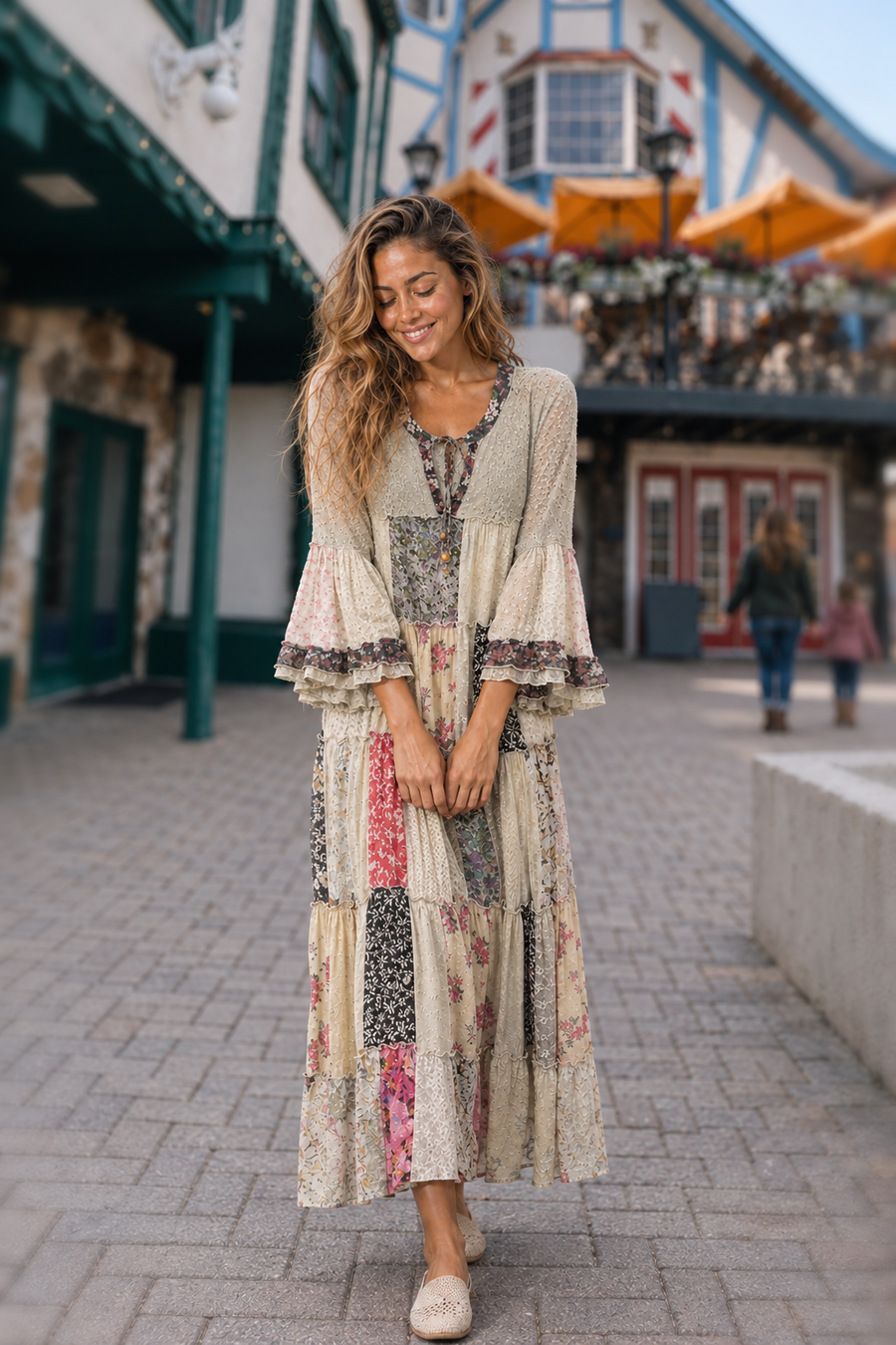 44668 Boho Patchwork Tiered Maxi Dress