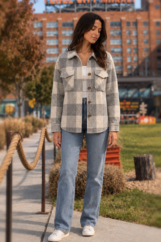 80032 Light Gray & Cream Plaid Shacket