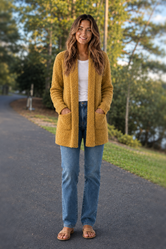 TW-1938AB Mustard Popcorn Knit Open Front Cardigan