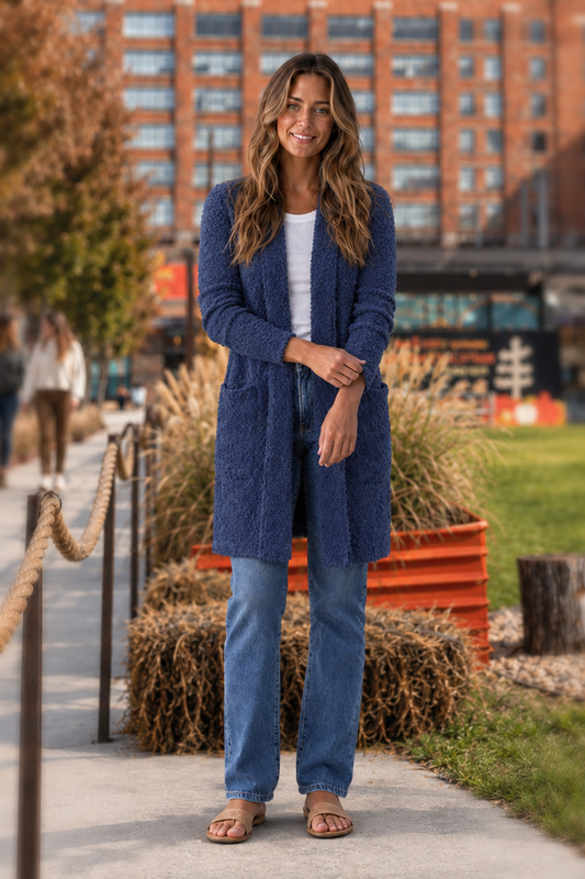 TW-1938AB Blue Knit Open Front Cardigan