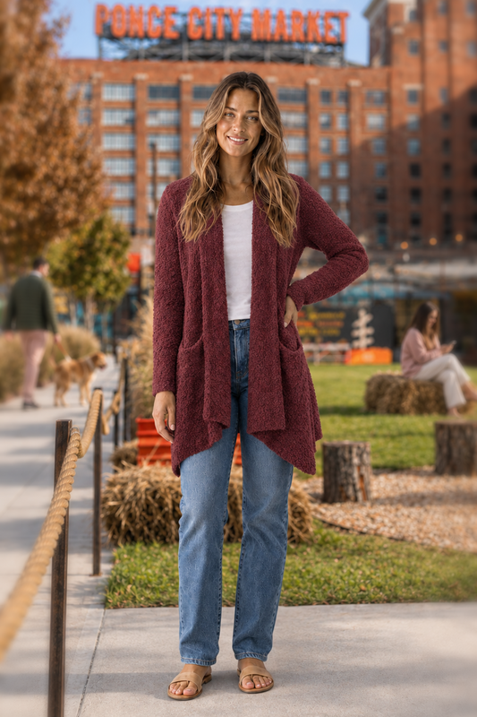 TW-1938AB Burgundy Open Front Pocket Cardigan