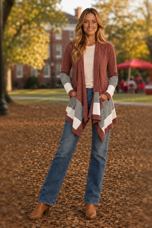 LMT2853 Fall Themed Striped Hem Open Front Cardigan