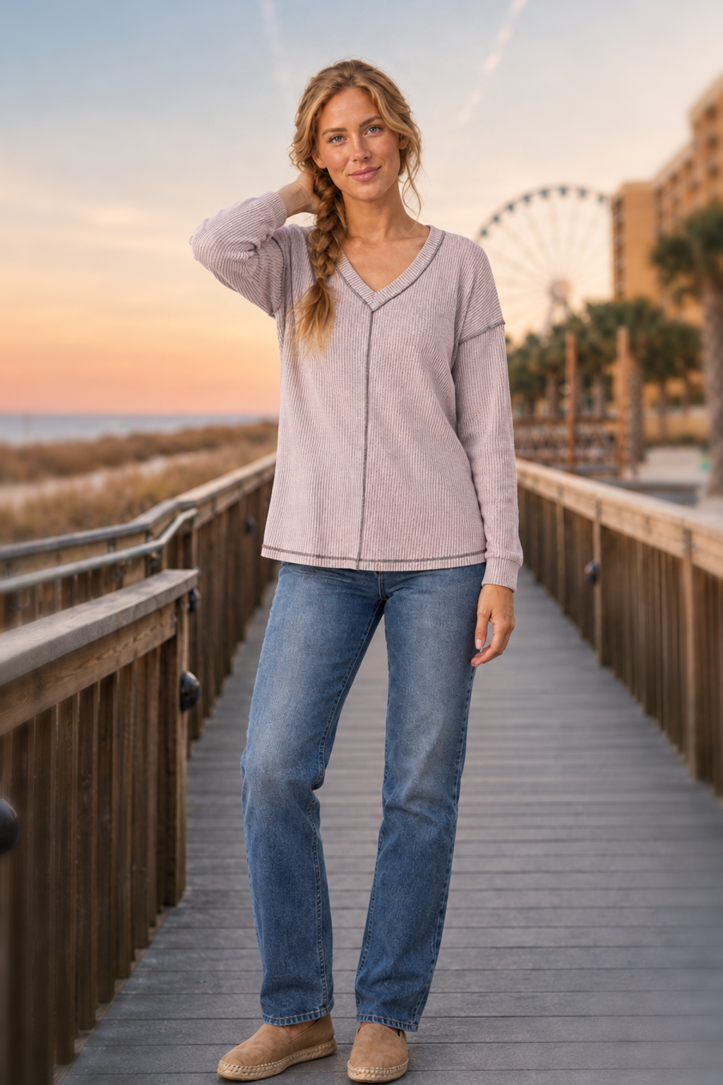 3396 Salmon Pink Ribbed V-Neck Top with Contrast Stitching