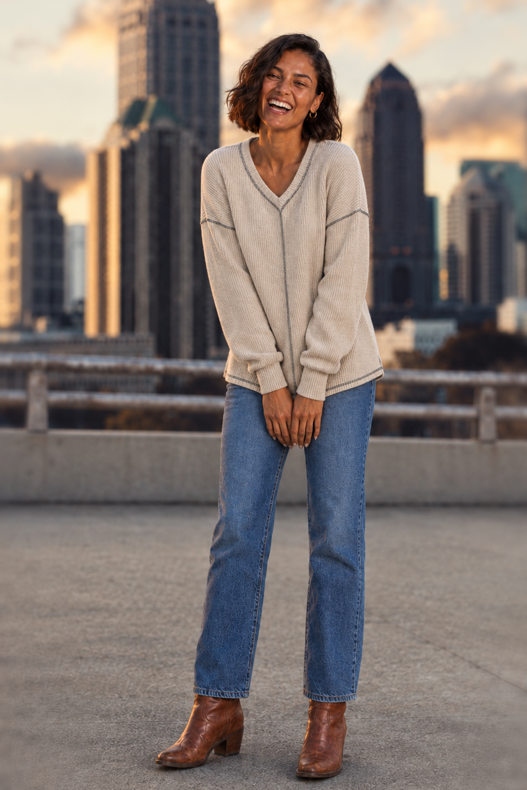 3396 Oatmeal Ribbed V-Neck Top with Contrast Stitching