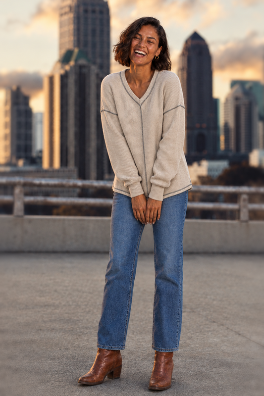 3396 Oatmeal Ribbed V-Neck Top with Contrast Stitching