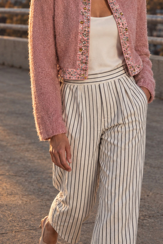 F291 Ivory & Black Stripe Pants with pockets