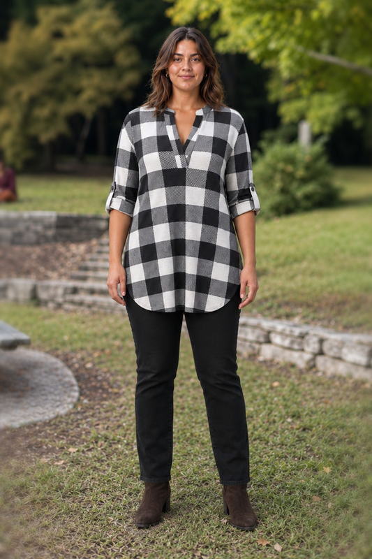 B3288X Buffalo Check V-Neck Tunic Top