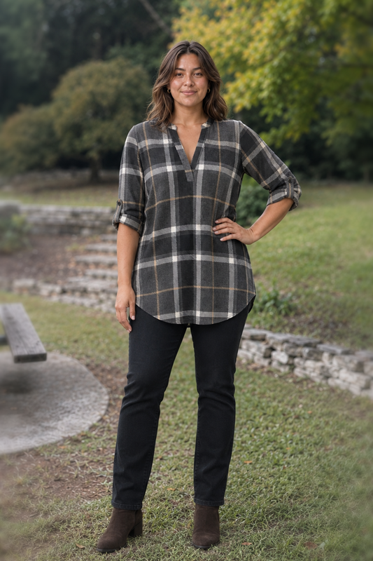 B3288X Plaid V-Neck Tunic Blouse