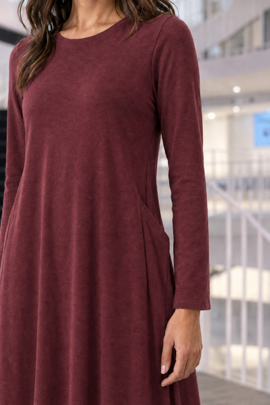 RD-9497AB Burgundy Swing Pocket Dress — Pockets detail