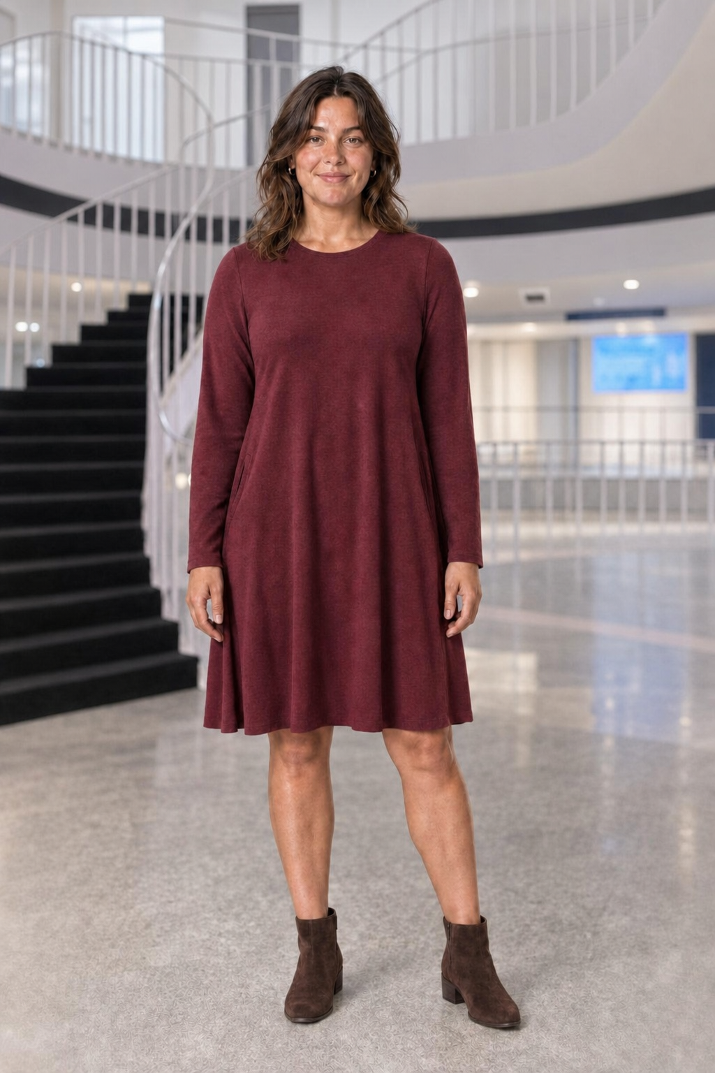 RD-9497AB Burgundy Swing Pocket Dress Plus