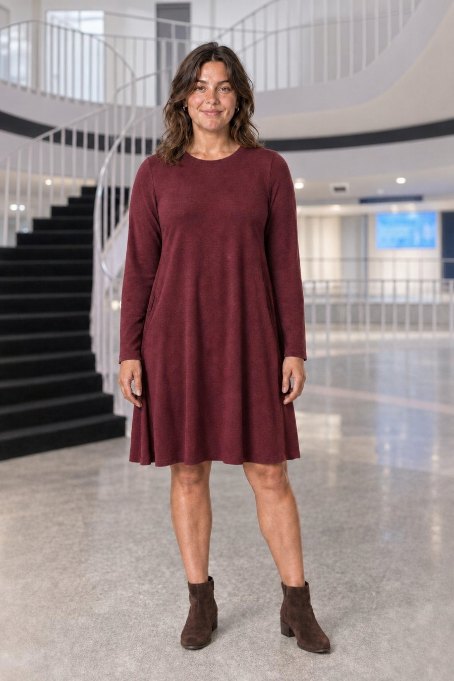 RD-9497AB Burgundy Swing Pocket Dress Plus