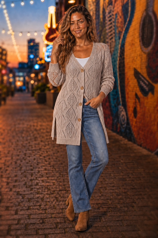 466 Beige Open-Knit Longline Button Cardigan